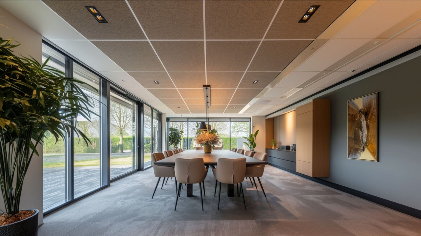 Moderne vergaderruimte met akoestisch systeemplafond en plafondpanelen in kantooromgeving