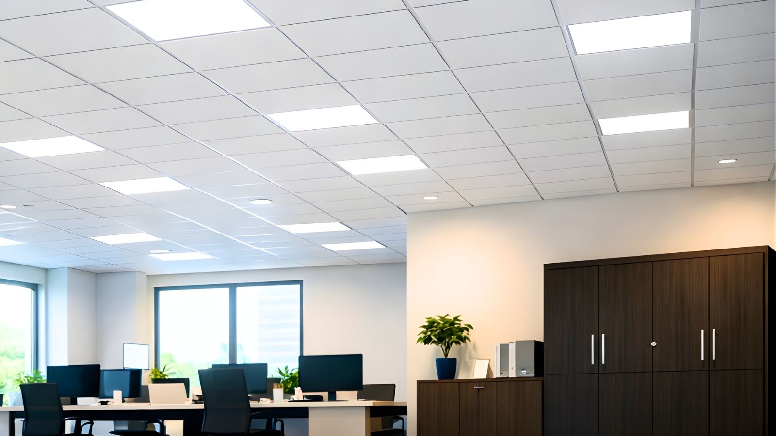 Akoestische plafondplaten 60x60 in kantoor met LED panelen in systeemplafond