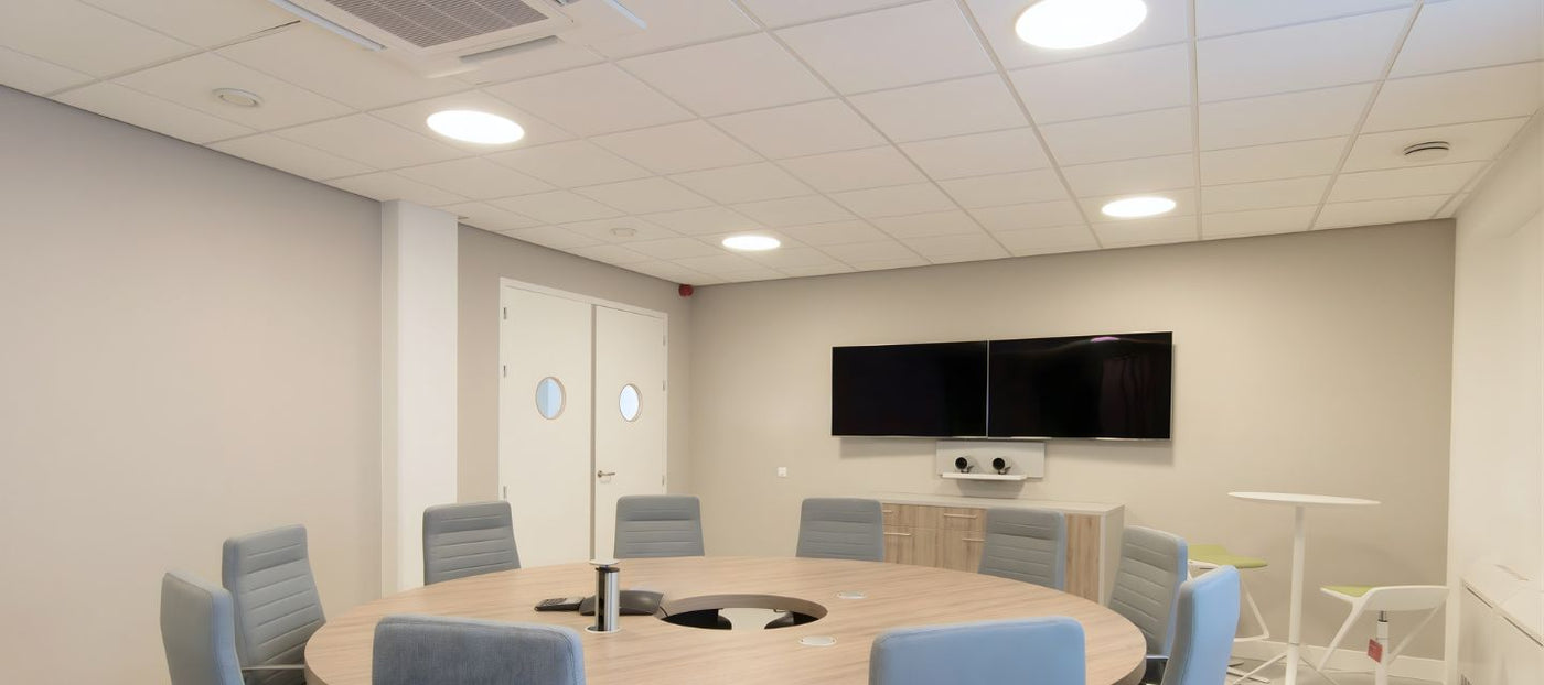 Vergaderruimte met systeemplafond en plafondverlichting voor rustige kantoorakoestiek