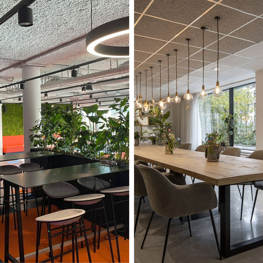 Vergelijking tussen akoestisch spuitplafond en akoestisch systeemplafond in moderne kantoorruimte