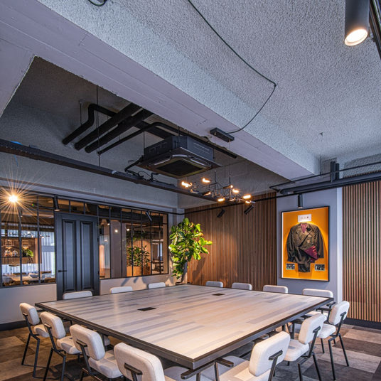 Naadloos akoestisch spuitplafond in moderne vergaderruimte met strakke afwerking