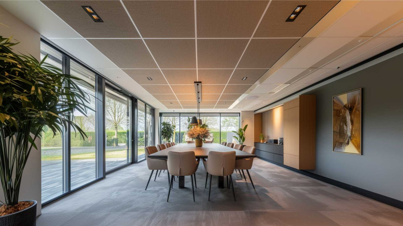 Akoestische plafondpanelen in warme kleurtoon boven lange vergadertafel