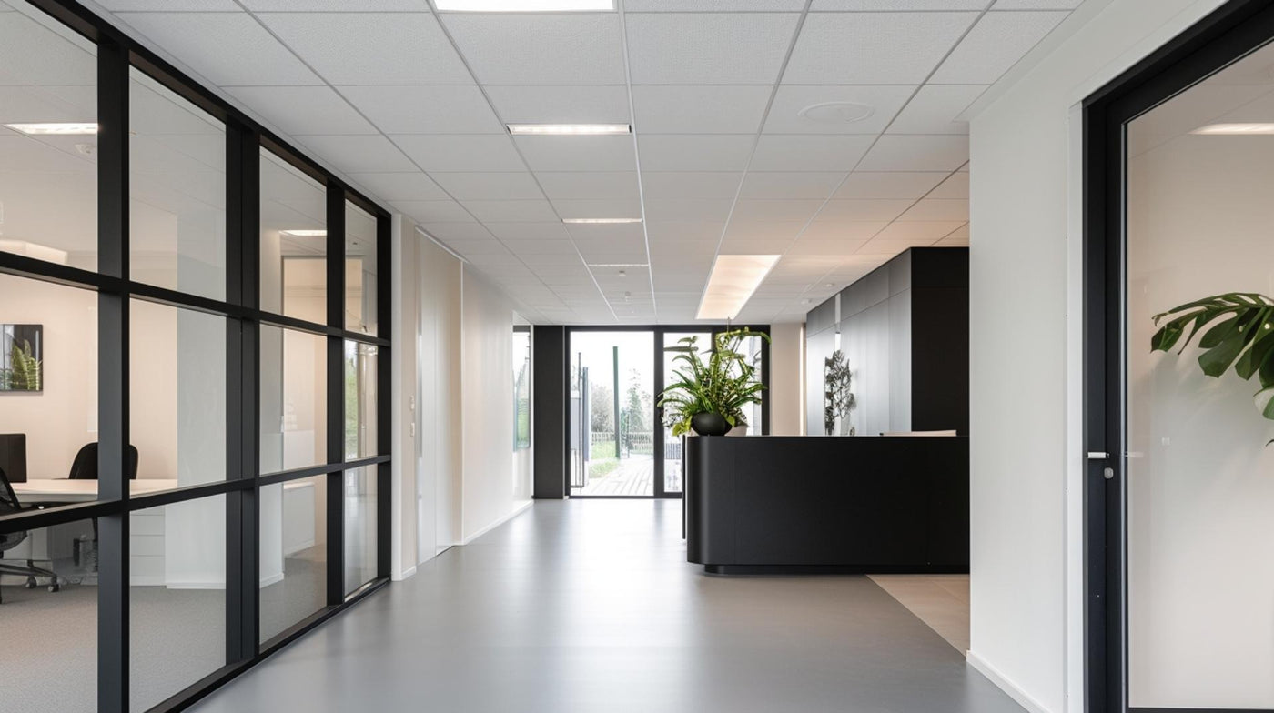 Witte plafondplaten in modern systeemplafond voor kantoorruimtes